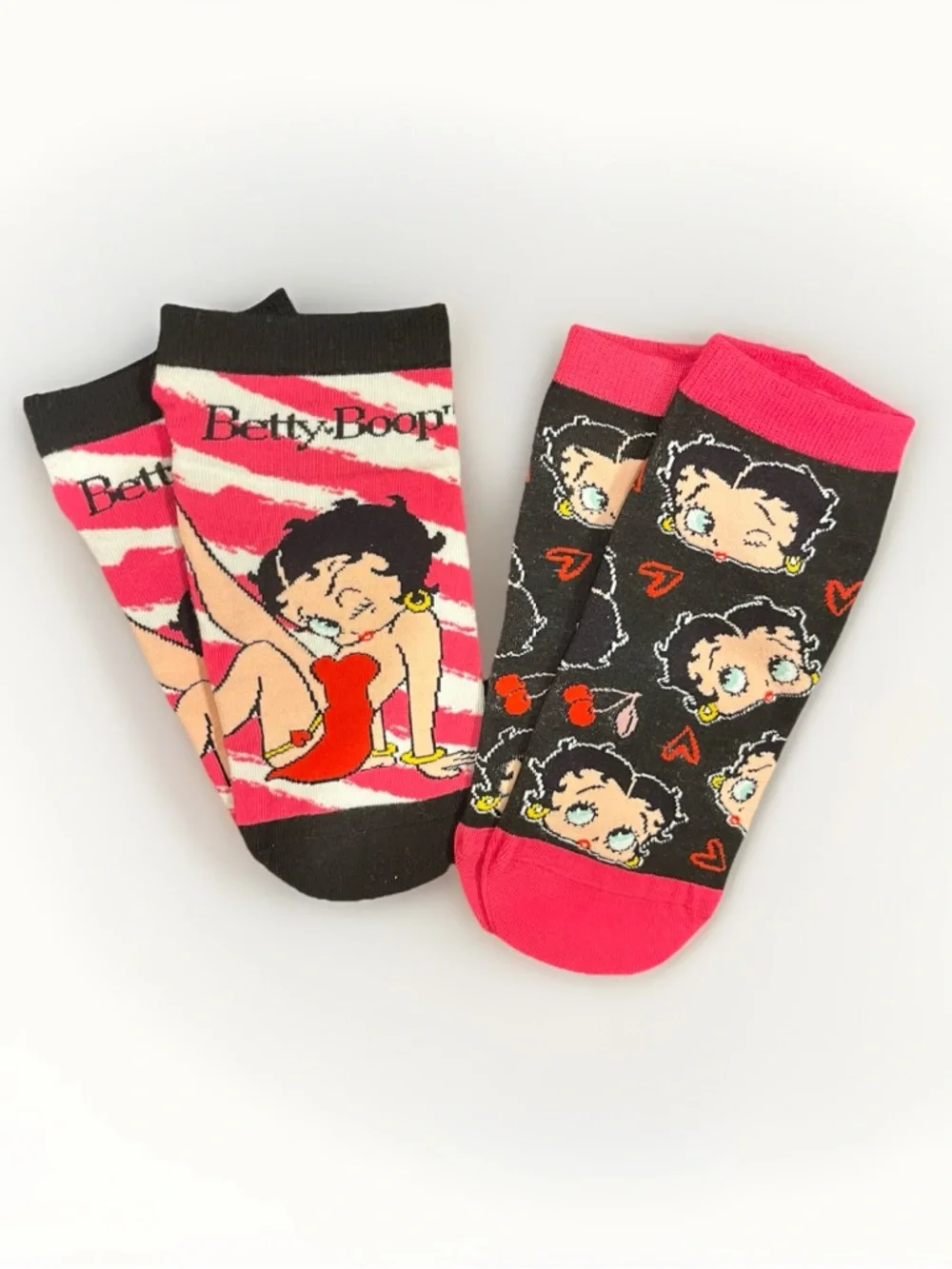 Betty Boop Low Cut Ankle Socks TWO PAIRS Character Prints Pink Black NWOT